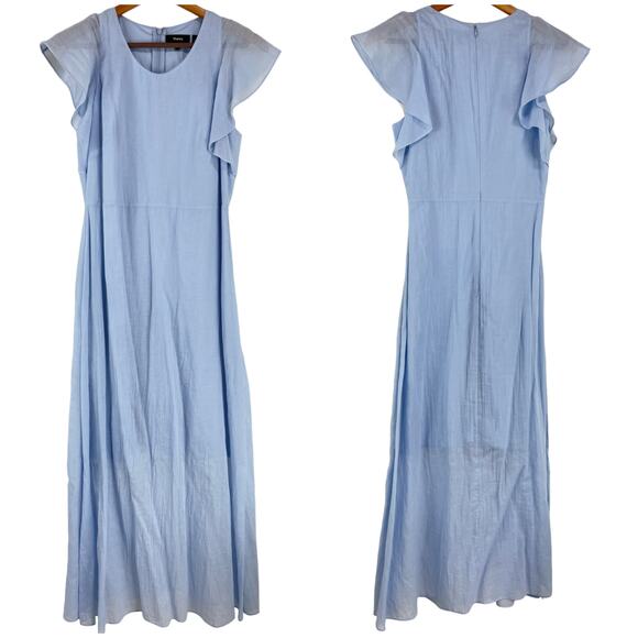 Theory NWT Ruffle Sleeve Dress in Organic Cotton Size 4 Baby Blue Midi V-Neck - Picture 4 of 12